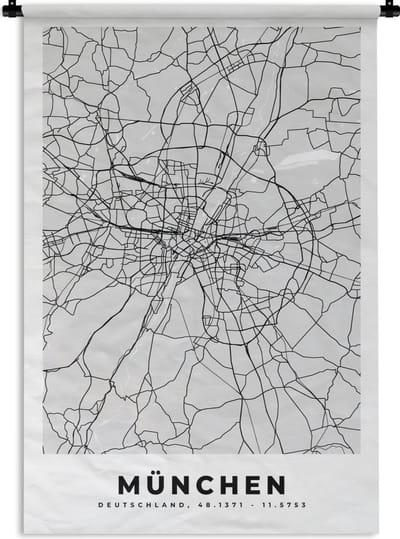 Wandkleed - Wanddoek - Plattegrond - München - Kaart - Stadskaart - Duitsland - 120x180 cm - Wandtapijt