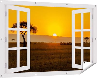 Gards Tuinposter Doorkijk Zonsopgang in de Savanne met een Boom - 150x100 cm - Tuindoek - Tuindecoratie - Wanddecoratie buiten - Tuinschilderij