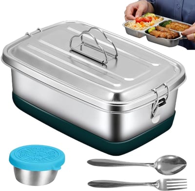 lunchbox, 2000 ml, dubbele metalen lunchbox met 3 vakken, lekvrije broodtrommel met afdichtingsring, voor school, kantoor en picknick, duurzame draagbare broodtrommel voor kinderen en
