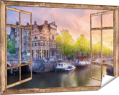 Gards Tuinposter Doorkijk Amsterdamse Grachten - 150x100 cm - Tuindoek - Tuindecoratie - Wanddecoratie buiten - Tuinschilderij