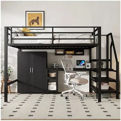 KOMHTOM Mezzanine bed 140*200 cm, kledingkast, legplanken, opbergladder, bureau, zonder matras, zwart