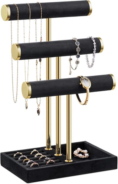 3-laags Sieraden Organizer - Zwarte Sieradenstandaard voor Armbanden, Verwijderbare T-vormige Houder, Fluwelen Armbandhouder, Sieradenhouder voor Kettingen, Horloges en Ringen