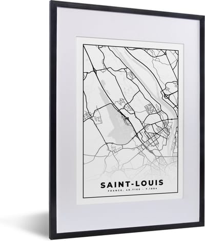 Fotolijst incl. Poster Zwart Wit- Stadskaart - Plattegrond - Saint-Louis - Kaart - Frankrijk - Zwart wit - 30x40 cm - Posterlijst