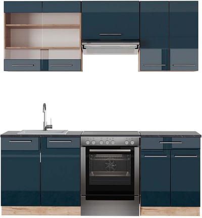 Vicco Fame-Line keukenkasten – 200 cm, WB Antraciet Donkerblauw hoogglans/gouden eik