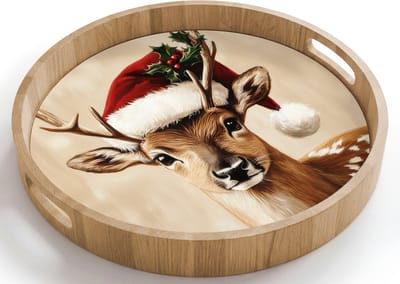 Dienblad rond 40x40 cm - Schootdienblad hout - Kerst - Hert - Gewei - Rood - Borrelplank rechthoek - Plateau houten dienbladen