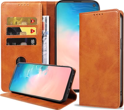 Smartphonica Samsung Galaxy S10 Plus leren hoesje met magnetische sluiting en pashouders book case – Bruin geschikt voor Samsung Galaxy S10 Plus