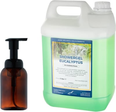 Zeepdispenser 300 ml amber bruin hervulbaar + 5 liter Showergel Eucalyptus navulling