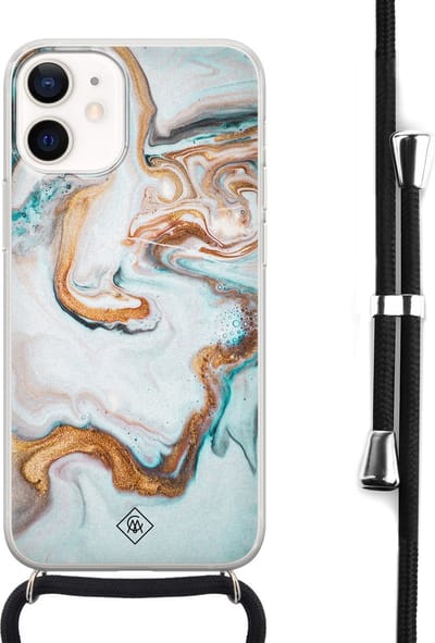Casimoda® hoesje met koord - Geschikt voor iPhone 12 Mini - Marmer Blauw Goud - Afneembaar koord - Siliconen/TPU - Blauw