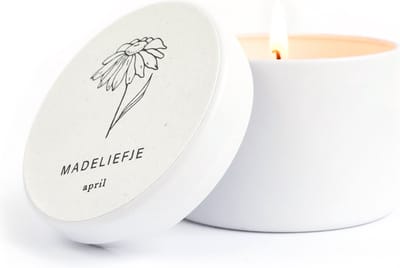 Maan Amsterdam - Geurkaarsje - Geboortebloem april in wit blikje - 100% vegan soja was - cadeau kaars