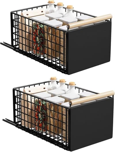 2 stuks uittrekbare schuifladen voor de keuken, telescopische lade, diepere lade-organizer met laderails en houten handvat, metalen uittrekbare lade voor keukenkasten, zonder boren