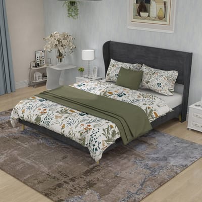 MODFU Bedframe 140x200 cm – stof en metaal – grijs – met zacht hoofdbord – minimalistisch design