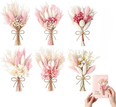 Mini Droogboeketjes - 6 Stuks - Kleine Droogbloemen voor Wenskaarten, Cadeau Decoratie & DIY Knutselen - Droogbloemen Boeket voor Bruiloft Bedankjes - 7 x 15cm - Roze & Wit