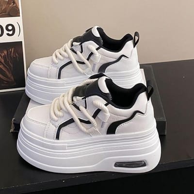 Mode Platform Sneakers Dames Lente Herfst Comfort Ronde Neus Veters 8CM Dikke Zool Zwart Wit Casual Sportschoenen 35 white