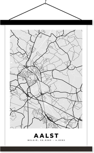 Posterhanger incl. Poster 40x60 cm - Schoolplaat - Zwart Wit – België – Plattegrond – Stadskaart – Kaart – Aalst - Textielposter - Zwarte latten - Stadskaart