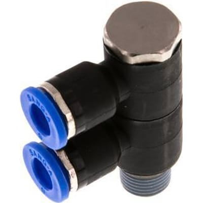 6mm x R1/8'' 2-way Manifold Messing/PA 66 Insteekfitting Buitendraad Draaibaar NBR