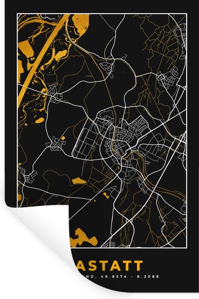 Muurstickers - Sticker Folie - Duitsland – Black and Gold – Rastatt – Stadskaart – Kaart – Plattegrond - 20x30 cm - Plakfolie - Muurstickers Kinderkamer - Zelfklevend Behang - Zelfklevend behangpapier - Stickerfolie