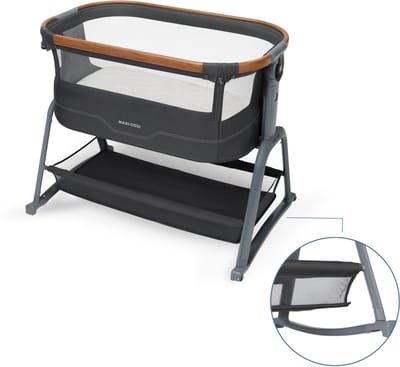 Maxi-Cosi Iora Plus Co-sleeper - Elegance Graphite - 100% gerecyclede stoffen - Schommelfunctie - Rollende wielen - Dik matras
