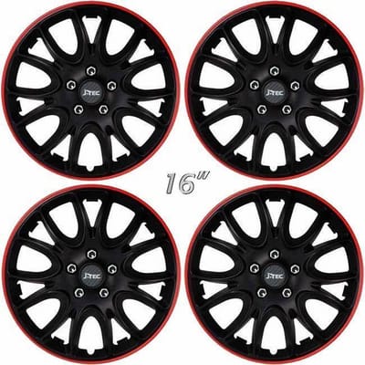 Wieldoppen HERO-GTR 16 inch satijn zwart-rood/chromen wielmoerkapjes. Set a 4 stuks in doos (a.u.b. tekst lezen!)