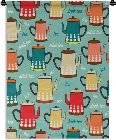 Wandkleed - Wanddoek - Patronen - Thee - Theepot - Vintage - 90x120 cm - Wandtapijt