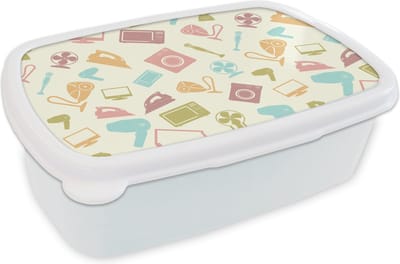 Broodtrommel Wit - Lunchbox - Brooddoos - Patronen - Huishouden - Elektronica - Retro - 18x12x6 cm - Volwassenen