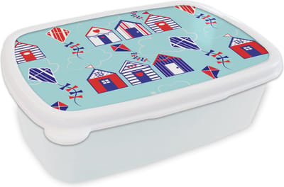 Broodtrommel Wit - Lunchbox - Brooddoos - Strand - Vlieger - Patronen - 18x12x6 cm - Volwassenen