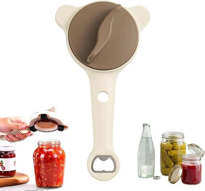 Verstelbare multifunctionele 4-in-1 potopener en flesopener met antislip grip, ideale keukenhulp voor ouderen en mensen met beperkte kracht