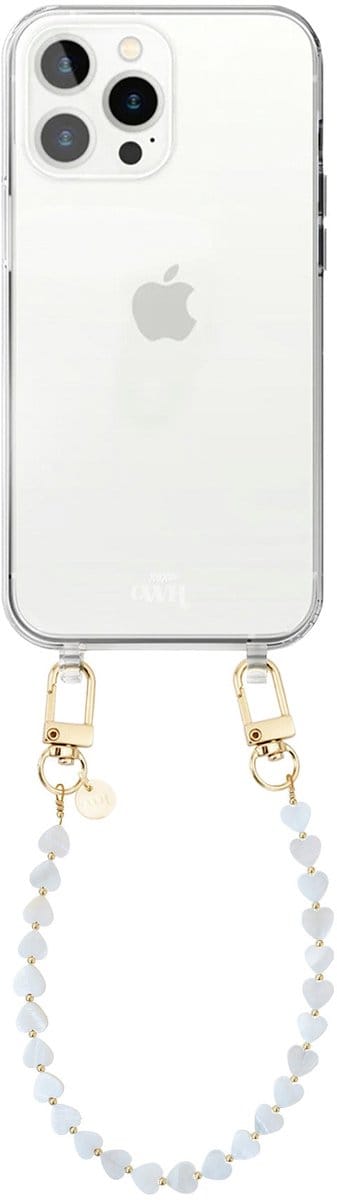 xoxo Wildhearts siliconen hoesje - Geschikt voor iPhone 16 Pro Max hoesje - Shell Hearts (short) - Telefoonhoesje - Hoesje met koord - gekleurde hartjes - Kort koord - Transparant hoesje met telefoonkoord - Beige / Crème