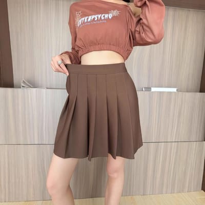 Jupe plissée élastique taille haute pour femmes, jupe courte fine trapèze, petite jupe plissée unie printemps-été 3XL brown