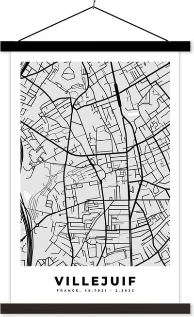Posterhanger incl. Poster 40x60 cm - Schoolplaat - Kaart - Stadskaart - Villejuif - Plattegrond - Frankrijk - Textielposter - Zwarte latten - Stadskaart
