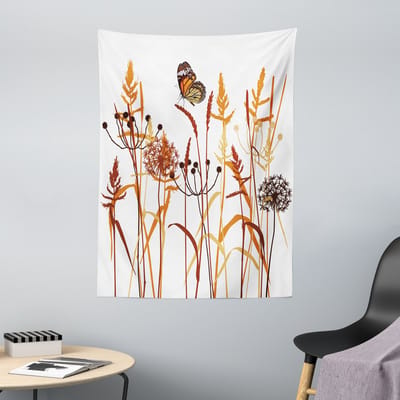 ABAKUHAUS Vlinderwandtapijt en sprei, compositie met bladeren, 110 x 150 cm, oranje bordeauxrood wit