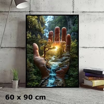 Allernieuwste.nl® Canvas Schilderij Hand met Mini Bos en Rivier – 60 x 90 cm – Natuur - Wanddecoratie - Poster – Muurdecoratie