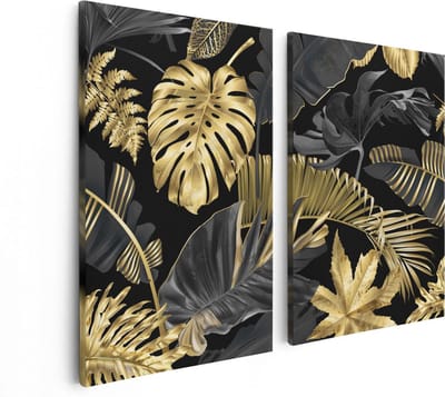 Artaza Canvas Schilderij Tweeluik Gouden Tropische Bladeren - 80x60 - Foto Op Canvas - Canvas Print