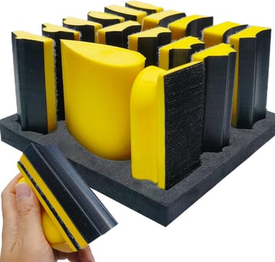 16-delige Handschuurblokset – Haak en Lus, Zacht Duurzaam Schuimmateriaal, Verwisselbare Geassorteerde Vormen, Steunplaat voor Hout, Meubels, Restauratie, Thuis en Klussen
