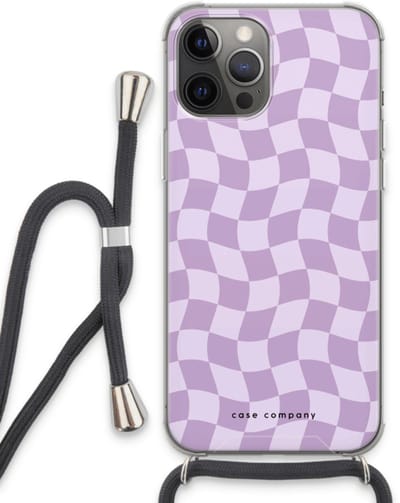 Case Company® - Hoesje met koord geschikt voor iPhone 13 Pro Max hoesje met Koord - Grid Paars - Telefoonhoesje met Zwart Koord - Bescherming aan alle Kanten en Over de Schermrand