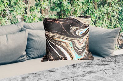 Sierkussen Buiten - Marmerlook - Zwart - Goud - Wit - Glitter - Marmer - 60x60 cm - Weerbestendig