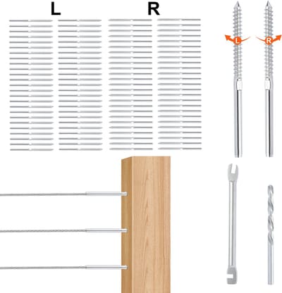 122-Delige Set Kabel Geleiderailing Draadklem Met Gewinde Pin Spanningseindstuk voor 3.2 mm Terras Kabel Geleiderailing, T316 Roestvrijstaal, 3.2 mm Kabel Geleiderailing Spanner voor Houten Paal, Zilver