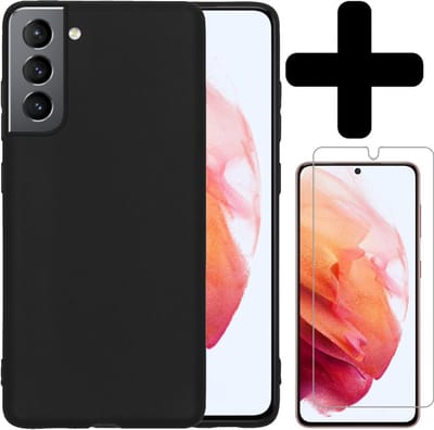 Hoesje - Met Screenprotector - Geschikt voor Samsung Galaxy S21 - Sterk & Shockproof - Telefoon Hoes - Back Cover - Siliconen Case - Telefoonhoes - Zwart