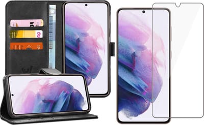 Hoesje geschikt voor Samsung Galaxy S21 FE - Book Case Kunstleer Wallet Cover Portemonnee Pasjeshouder Hoes Zwart - Tempered Glass Screenprotector