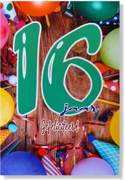Hoera 16 Jaar! Luxe verjaardagskaart - 12x17cm - Gevouwen Wenskaart inclusief envelop - Leeftijdkaart