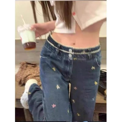 Zomer Kleurrijke Strik Geborduurde Kant Denim Wijde Pijpen Broek voor Dames Gedrapeerde Hoge Taille Rechte Vloerlange Broek XXL