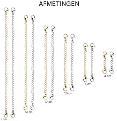 Kettingverlenger van roestvrij staal, 12 stuks, armbandverlenger, kettingset voor doe-het-zelf sieraden, ketting, armband, enkelband, goud en zilver