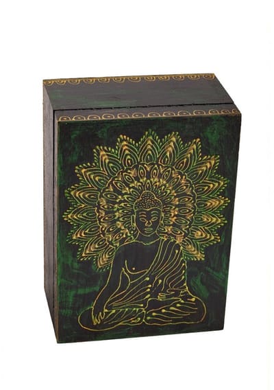 Boeddha houten doos - Handbeschilderde Doos 17,5 x 12,5 x 7,5cm. - Kaartendoos - Sieradendoos