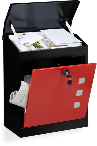 brievenbus muur - staal - met slot - 53 x 43,5 x 26 cm - groot - zwart-rood