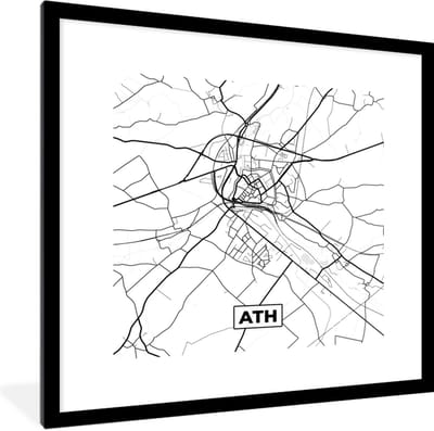 Fotolijst incl. Poster Zwart Wit- Stadskaart – Plattegrond – België – Zwart Wit – Ath – Kaart - 40x40 cm - Posterlijst