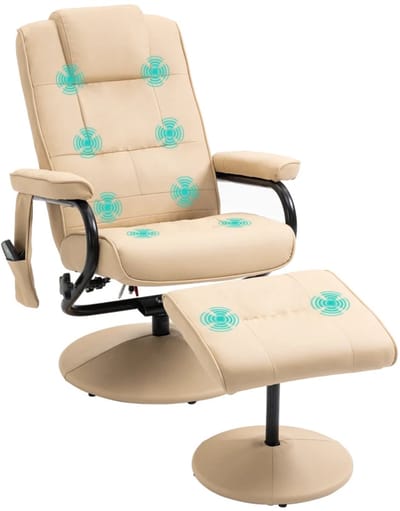 Elektrische Massagestoel - Power Massagefauteuil met Voetenbankje - 10 Vibratiekoppen - Verstelbare Rugleuning - Draaibaar - tot 120 kg - met Afstandsbediening - Relaxfauteuil - TV stoel - Kunstleer - Crème