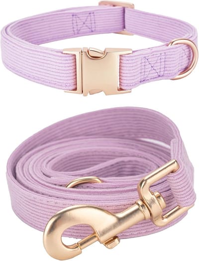 Hondenhalsband en riem set medium, zachte corduroy halsband, ideale set voor dagelijks wandelen, paarse kleur