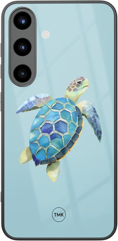 Hoesje geschikt voor Samsung Galaxy S25 - Schildpad - Blauw - TPU luxe case (glossy toplaag) - Print - Hardcase backcover zwart