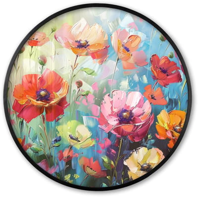 Poster in lijst Rond - Fotolijst 60x60 cm - Posters - Bloemen - Kleurrijk - Waterverf - Natuur - Zomer - Ronde posterlijst zwart - Decoratie - Wanddecoratie woonkamer - Muurdecoratie slaapkamer