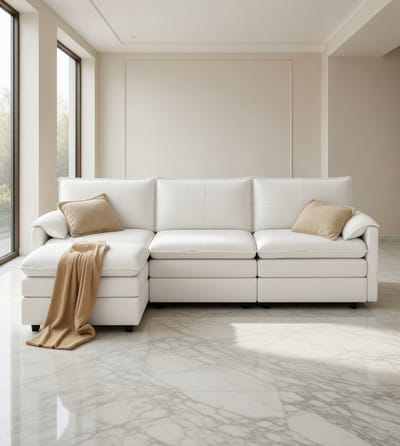 Modulaire L-vormige 4-zitsbank met Opbergruimte en Kruk – Moderne Hoekbank voor Woonkamer – Wit Microvezel – Ruimtebesparend & Comfortabel – Flexibel Combineerbaar House&Garden