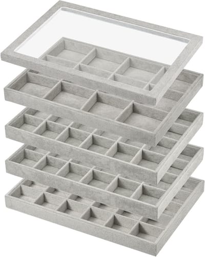 4 Stuks Stapelbare Sieraden Display met Deksel, Fluwelen Sieraden Organizer voor Ringen, Oorbellen en Kettingen, Lichtgrijs